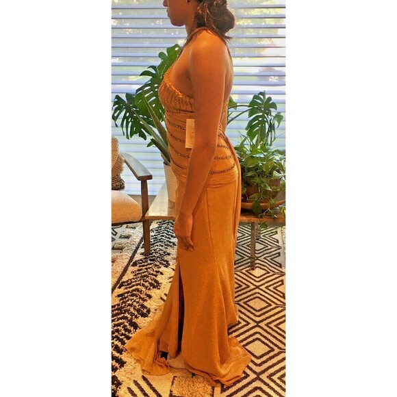 LANDA Gold Beaded Evening Long Prom Wedding Formal Halter Dress 10 (fits like 6) - Picture 3 of 5